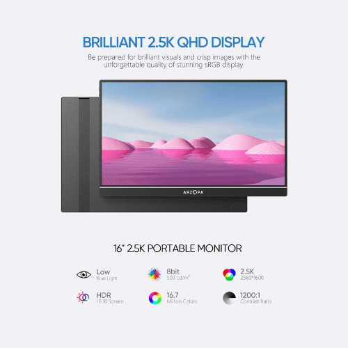 Arzopa Z1RC 16.1" 2.5K QHD Portable Monitor | 2560x1600 16:10 100% sRGB IPS Display with Built-in Kickstand