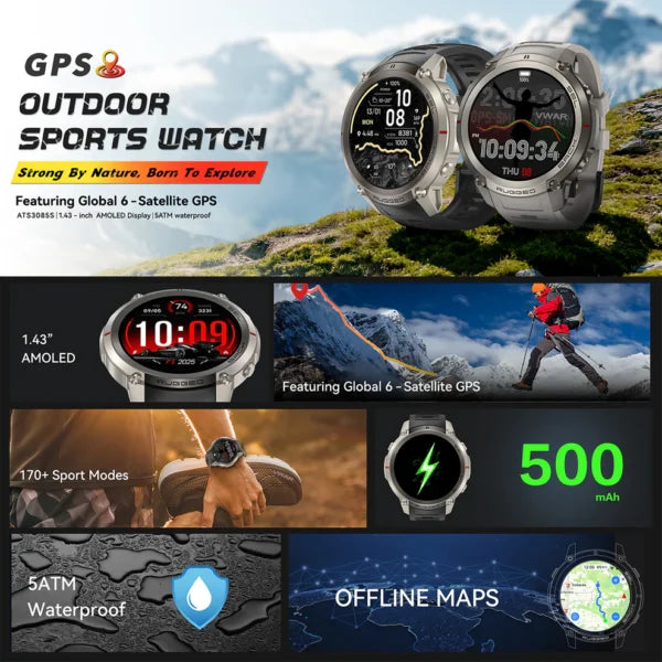 VWAR T-Rex 4 Rugged GPS Sports Smartwatch | 1.43" AMOLED Display, Bluetooth Calling & Military-Grade Durability